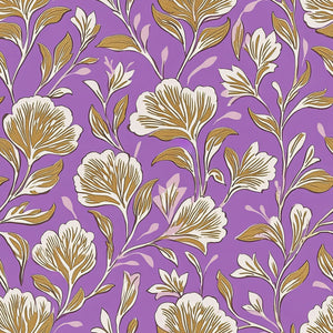 Vintage Charm Wallpaper with floral design in gold and ivory on lilac background, featuring elegant purple flowers.