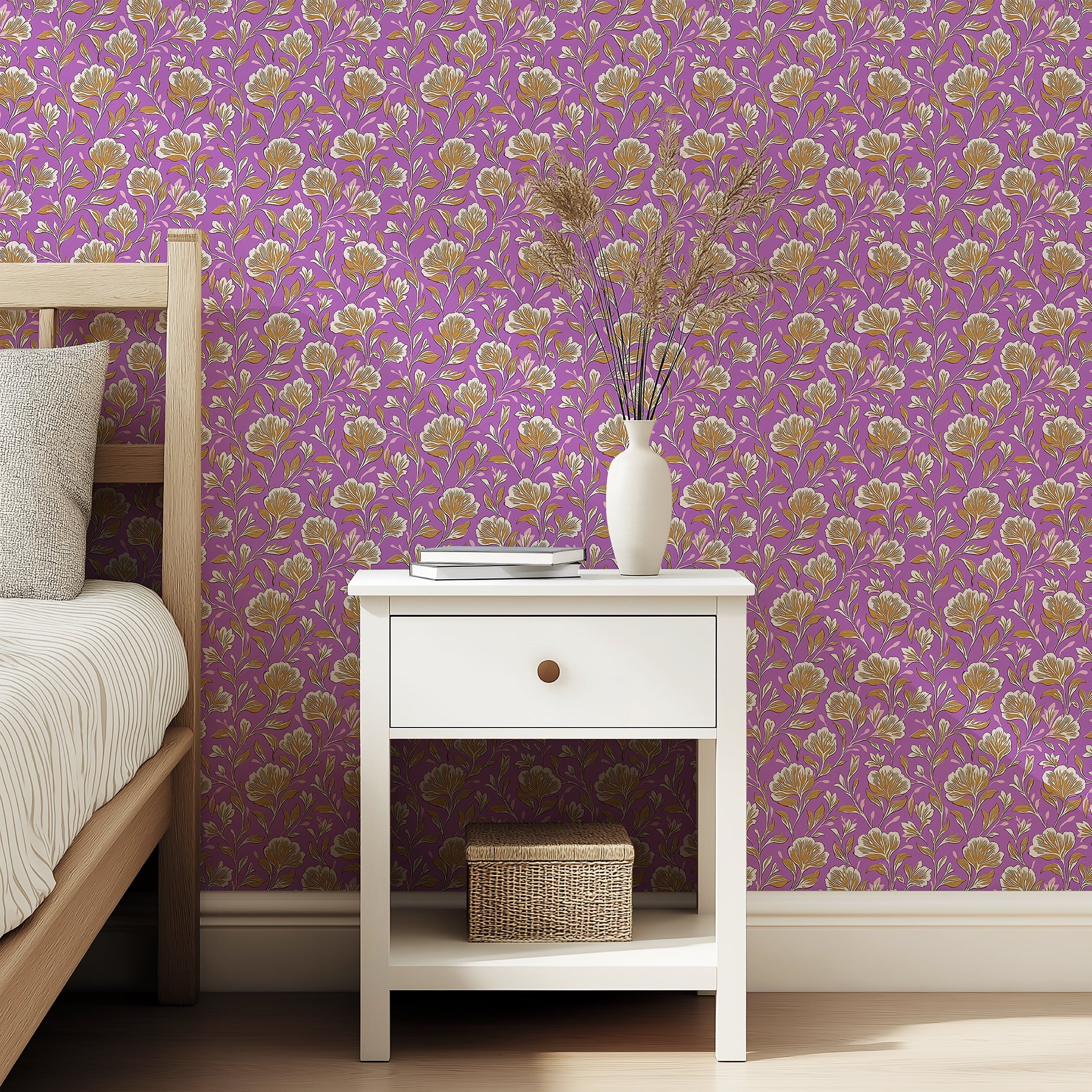 Vintage Charm Lilac Wallpaper with golden floral design against a purple background, enhancing bedroom elegance and warmth.
