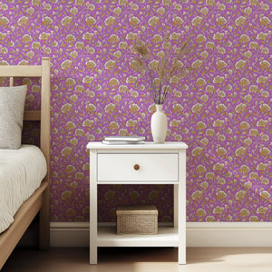 Vintage Charm Lilac Wallpaper with golden floral design against a purple background, enhancing bedroom elegance and warmth.