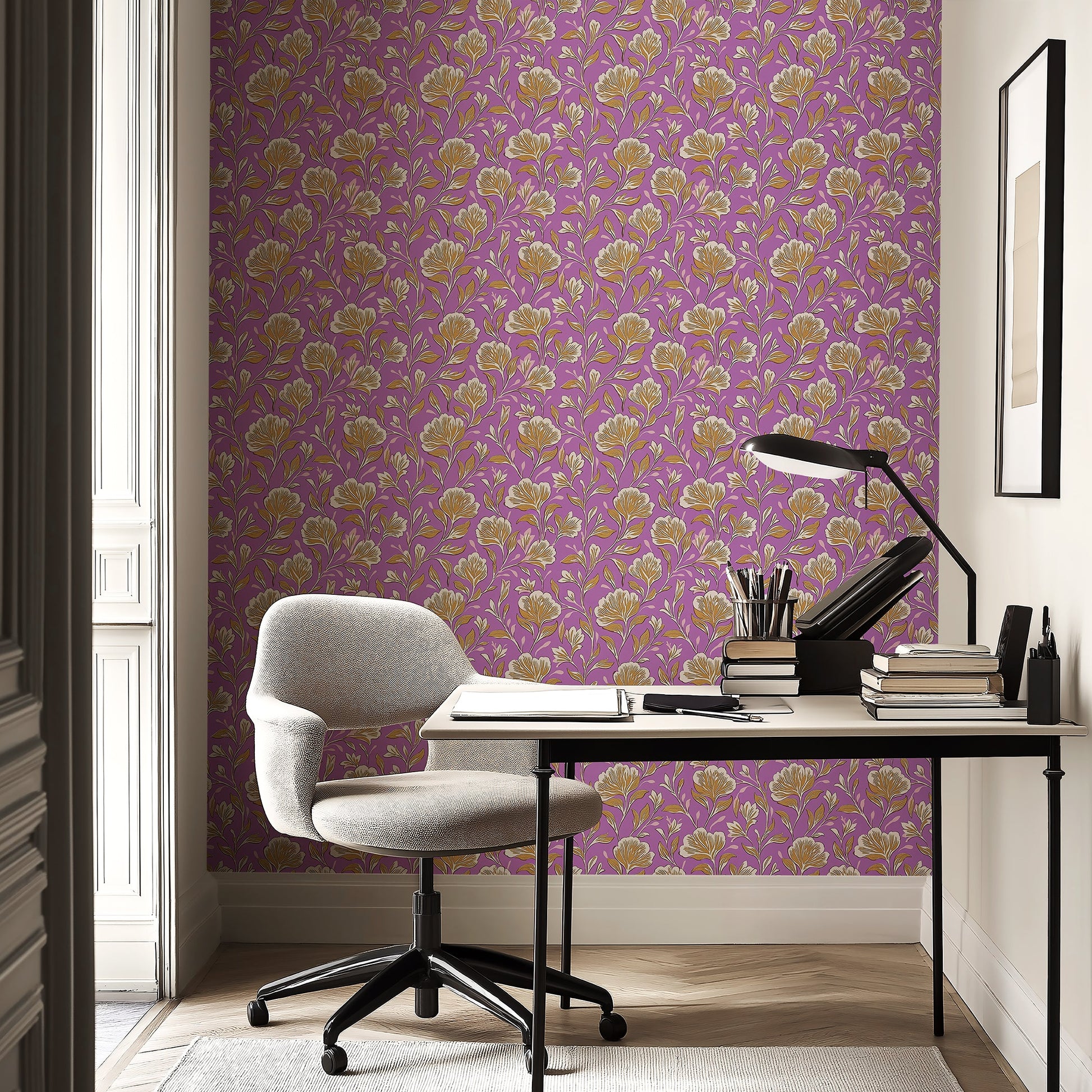 Vintage Charm Lilac wallpaper with floral design in golden and ivory on purple background in modern office setting.