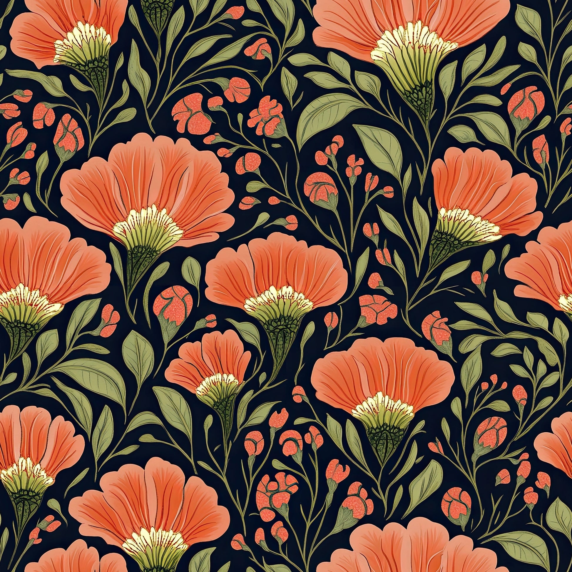 Exotic Sunset Bouquet Wallpaper with vivid coral flowers, olive green foliage, and soft blush highlights on a midnight background.