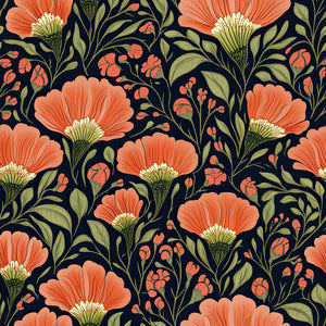 Exotic Sunset Bouquet Wallpaper with vivid coral flowers, olive green foliage, and soft blush highlights on a midnight background.