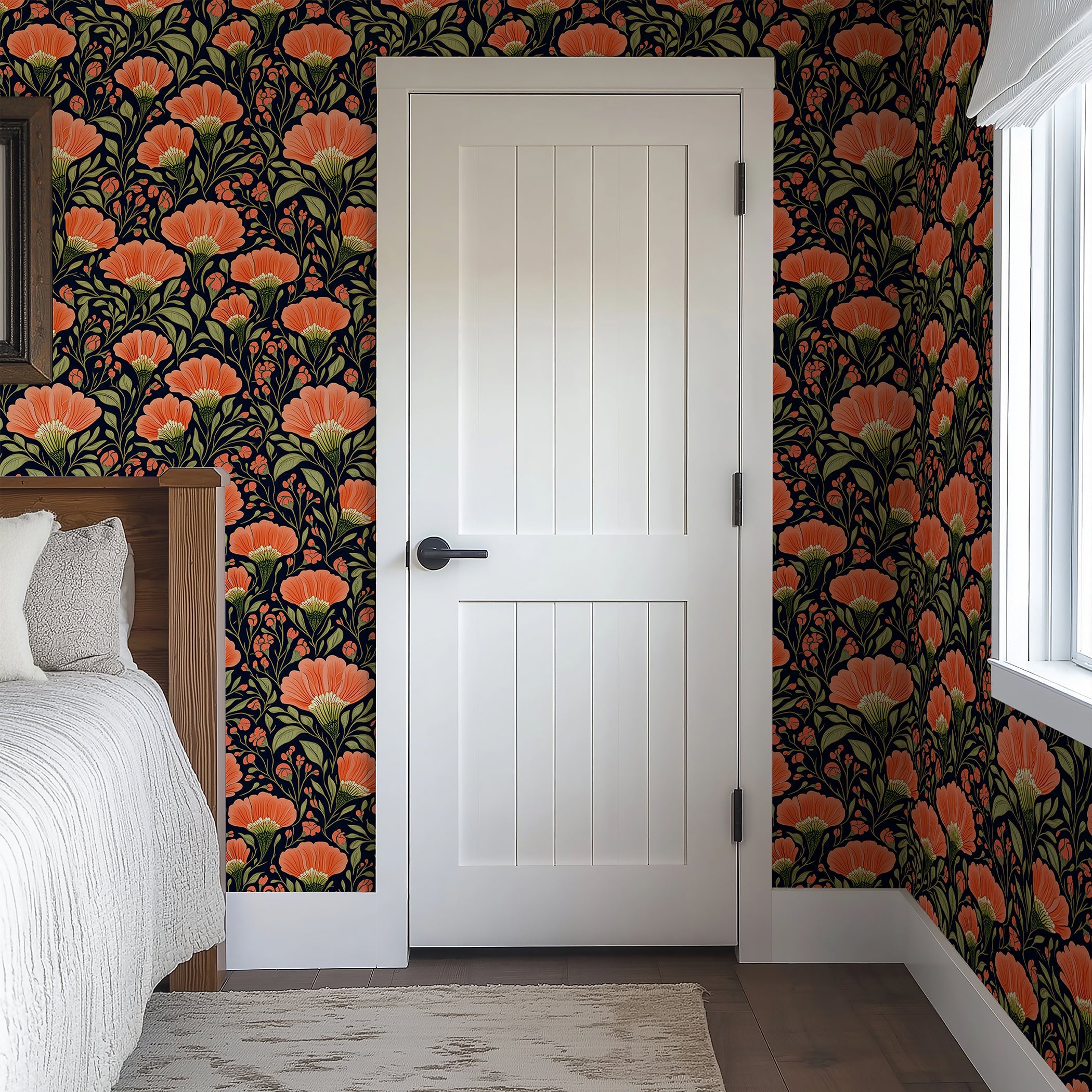 Floral wallpaper featuring vivid coral flowers and olive green foliage, adding warmth and elegance to a cozy bedroom setting.