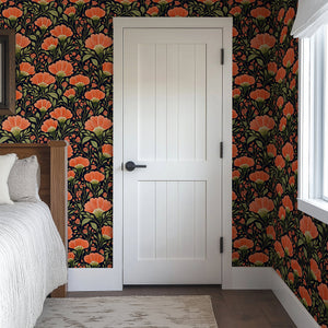 Floral wallpaper featuring vivid coral flowers and olive green foliage, adding warmth and elegance to a cozy bedroom setting.