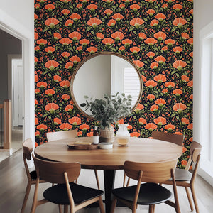 Dining room with 'Exotic Sunset Bouquet' floral wallpaper featuring vivid coral flowers and olive foliage, adding dramatic elegance to the space.