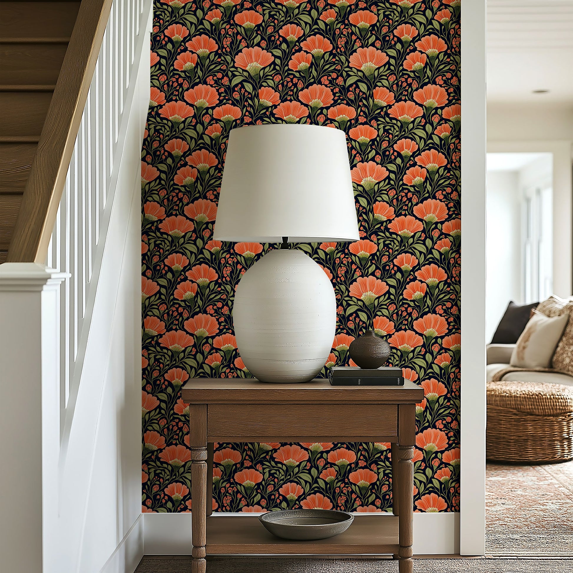 Exotic Sunset Bouquet wallpaper with coral flowers and olive greens on a midnight background, adding floral elegance to a hallway.