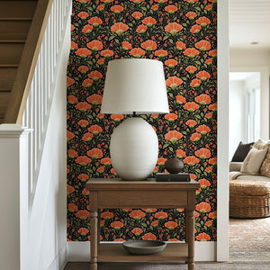 Exotic Sunset Bouquet wallpaper with coral flowers and olive greens on a midnight background, adding floral elegance to a hallway.