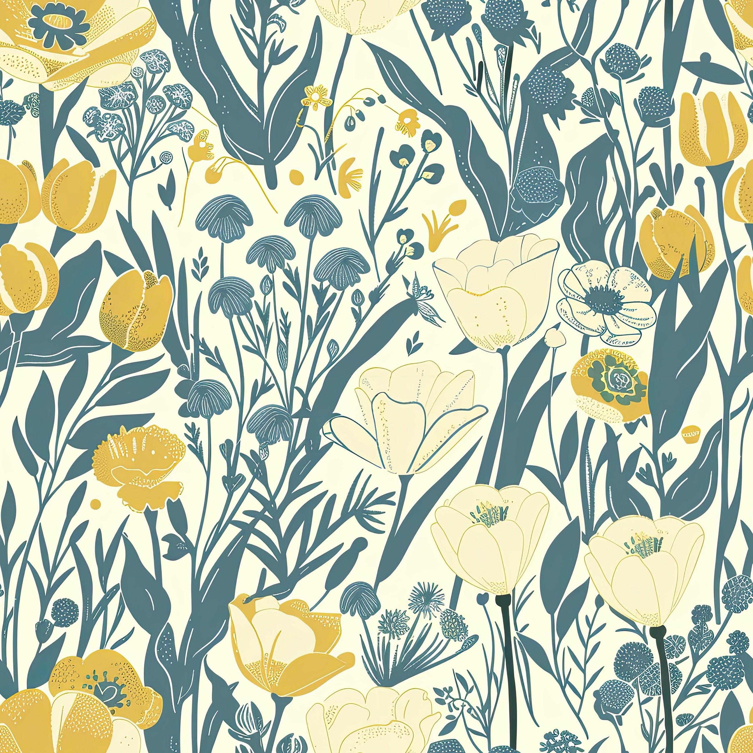 Sunny Fields Wildflower Wallpaper with teal and yellow floral design, showcasing cottagecore style, ideal for creative spaces.
