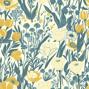Sunny Fields Wildflower Wallpaper with teal and yellow floral design, showcasing cottagecore style, ideal for creative spaces.