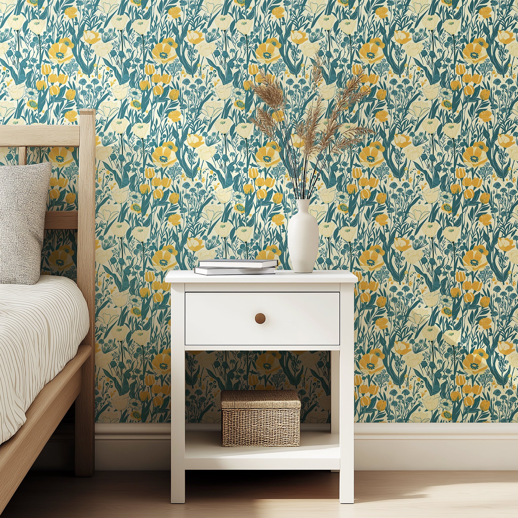 Sunny Fields Wildflower wallpaper with golden yellow, teal, and ivory flowers, bringing cottagecore charm to a cozy bedroom setting.