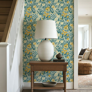 Sunny Fields Wildflower Wallpaper with yellow, teal, and ivory flowers, creating a cottagecore vibe in a warm, inviting entryway.