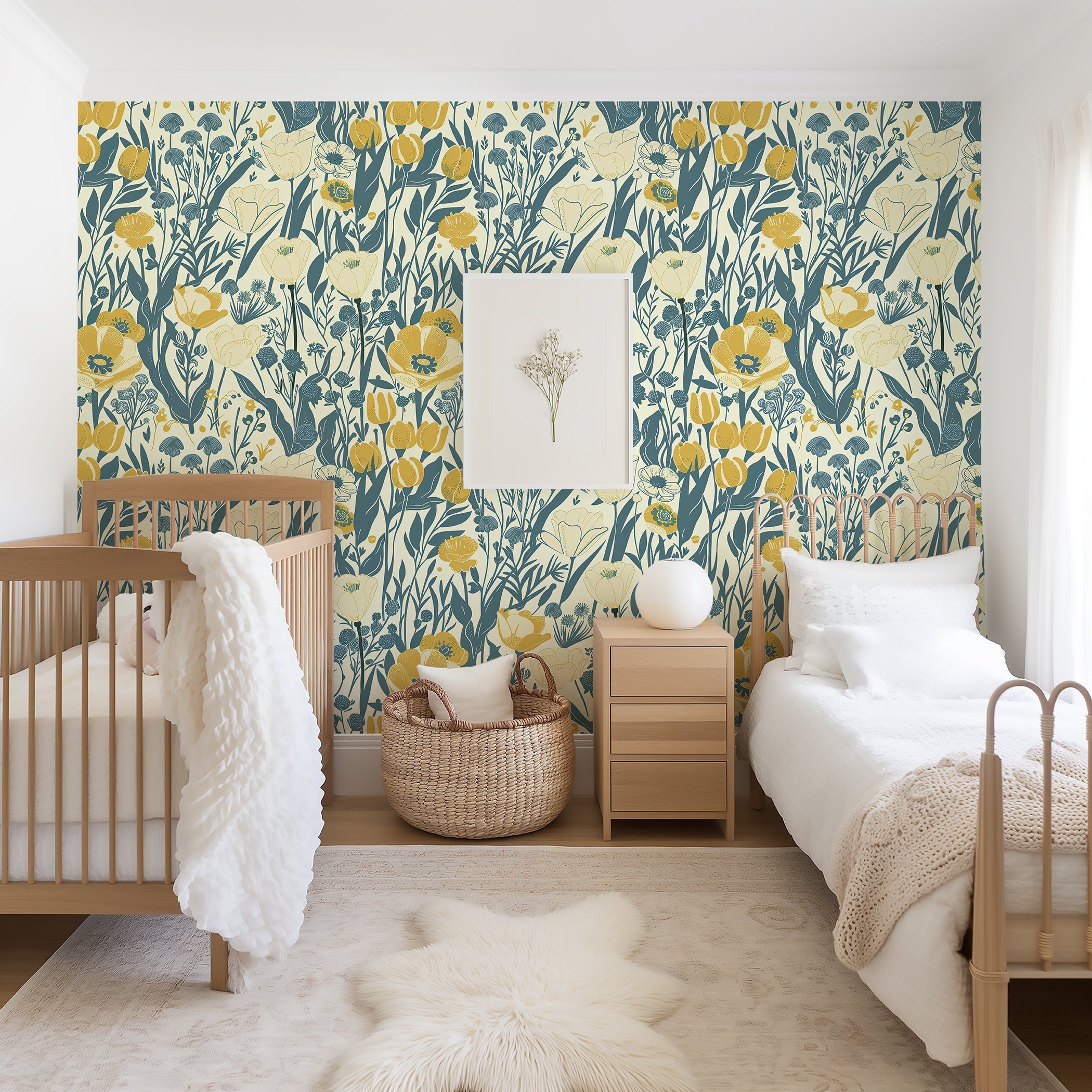 Nursery with "Sunny Fields Wildflower" wallpaper featuring yellow, teal, and ivory floral pattern, creating a cottagecore aesthetic.