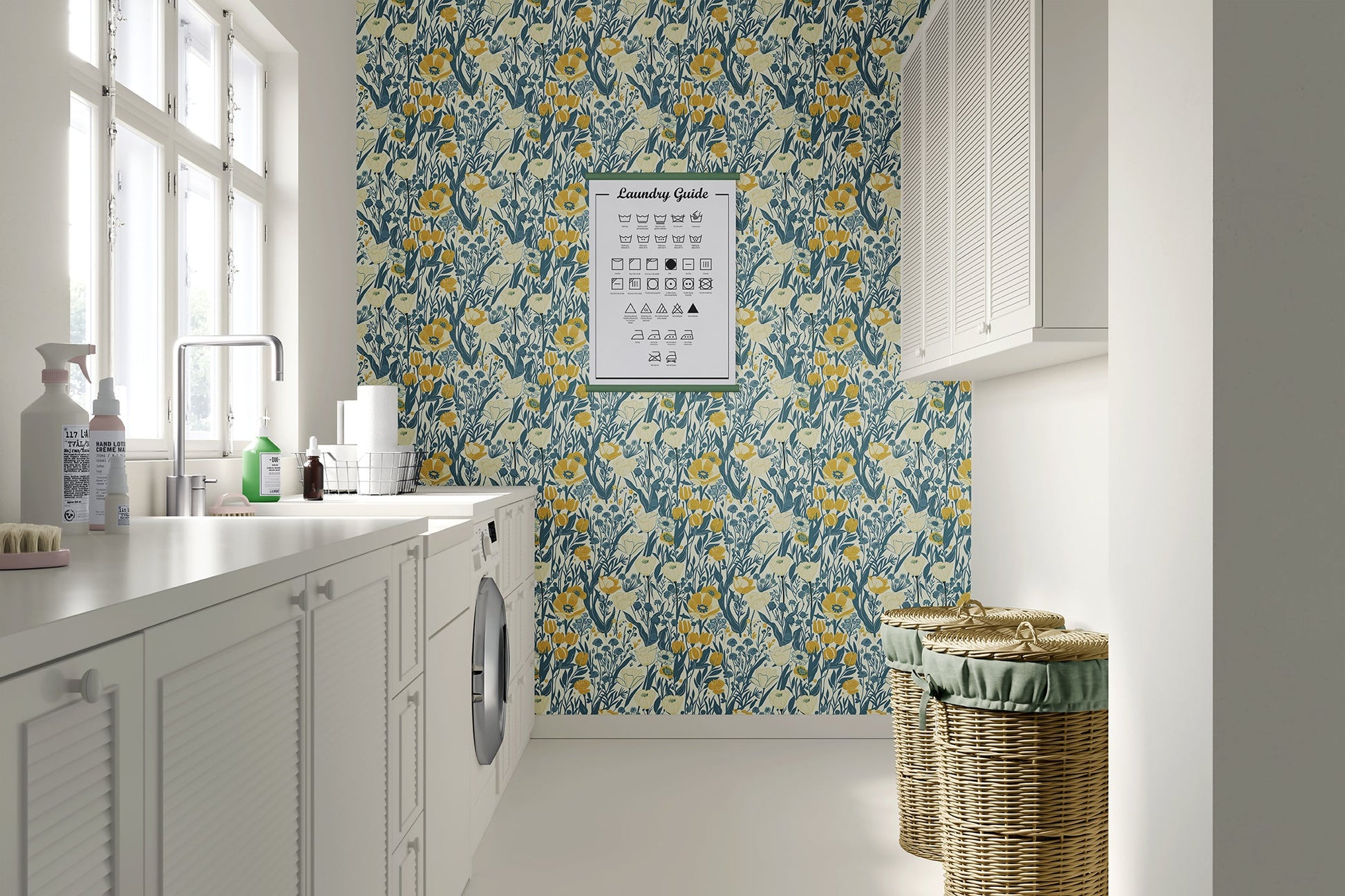 Laundry room featuring Sunny Fields Wildflower wallpaper with golden flowers and teal, adding a floral cottagecore vibe.