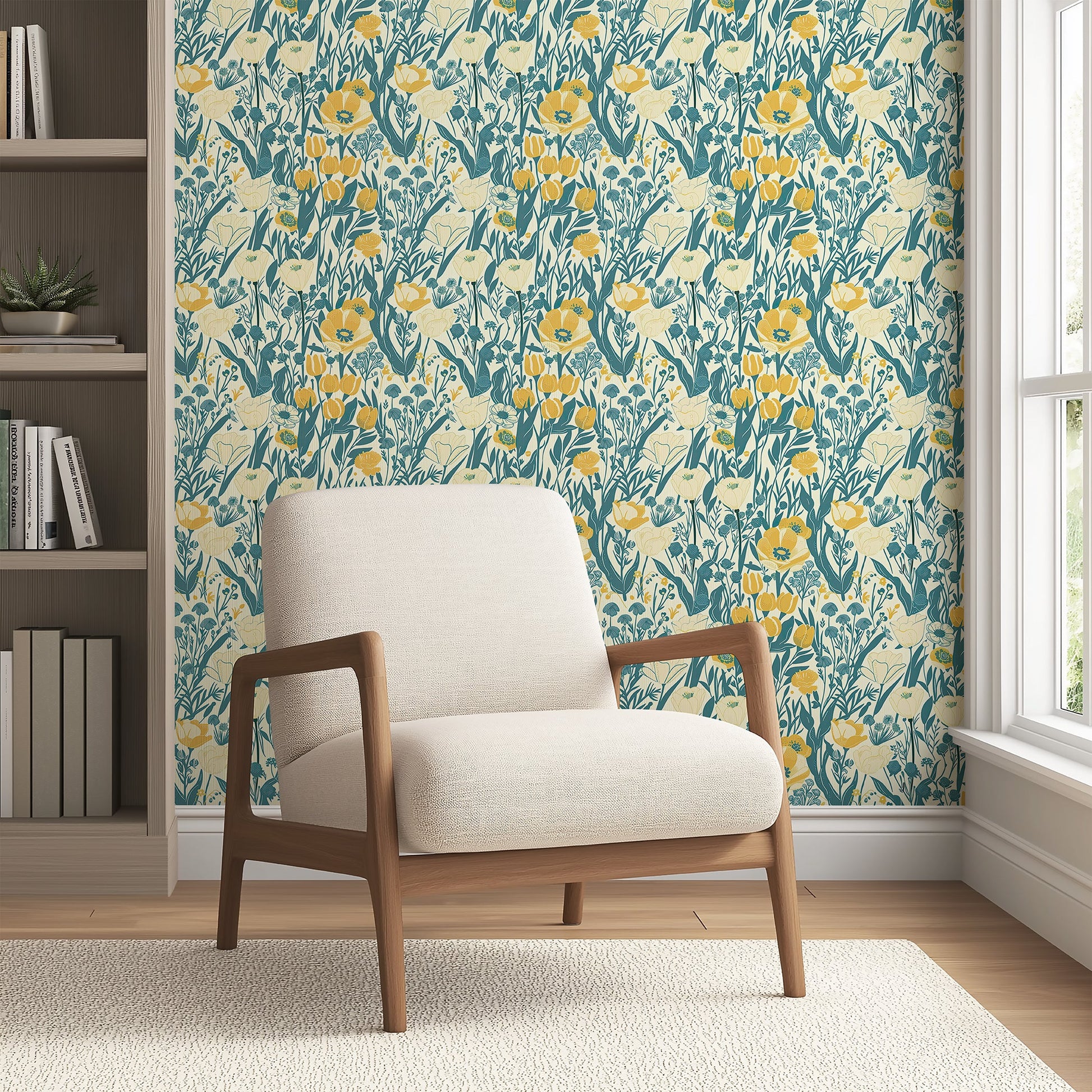 Cottagecore wildflower wallpaper with teal, green, and yellow floral pattern behind a modern armchair, creating an artistic ambiance.