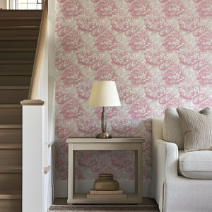 Romantic Peony Sketch wallpaper with pink peony flowers on a white background enhances modern vintage decor, featuring monochrome elegance.