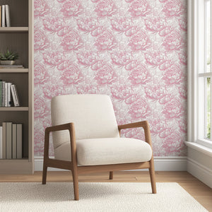 Romantic Peony Sketch Wallpaper featuring delicate pink and red peonies on a white background, enhancing a modern living room decor.