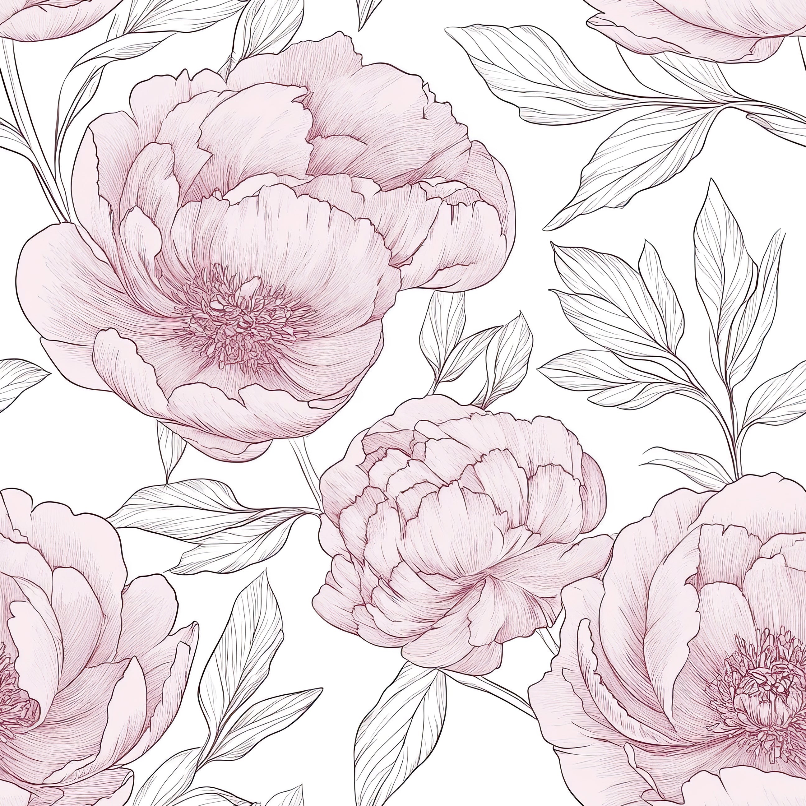 Romantic Peony Sketch II Wallpaper featuring hand-drawn pink peonies in monochrome, ideal for adding elegance to any space.