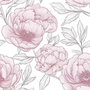 Romantic Peony Sketch II Wallpaper featuring hand-drawn pink peonies in monochrome, ideal for adding elegance to any space.