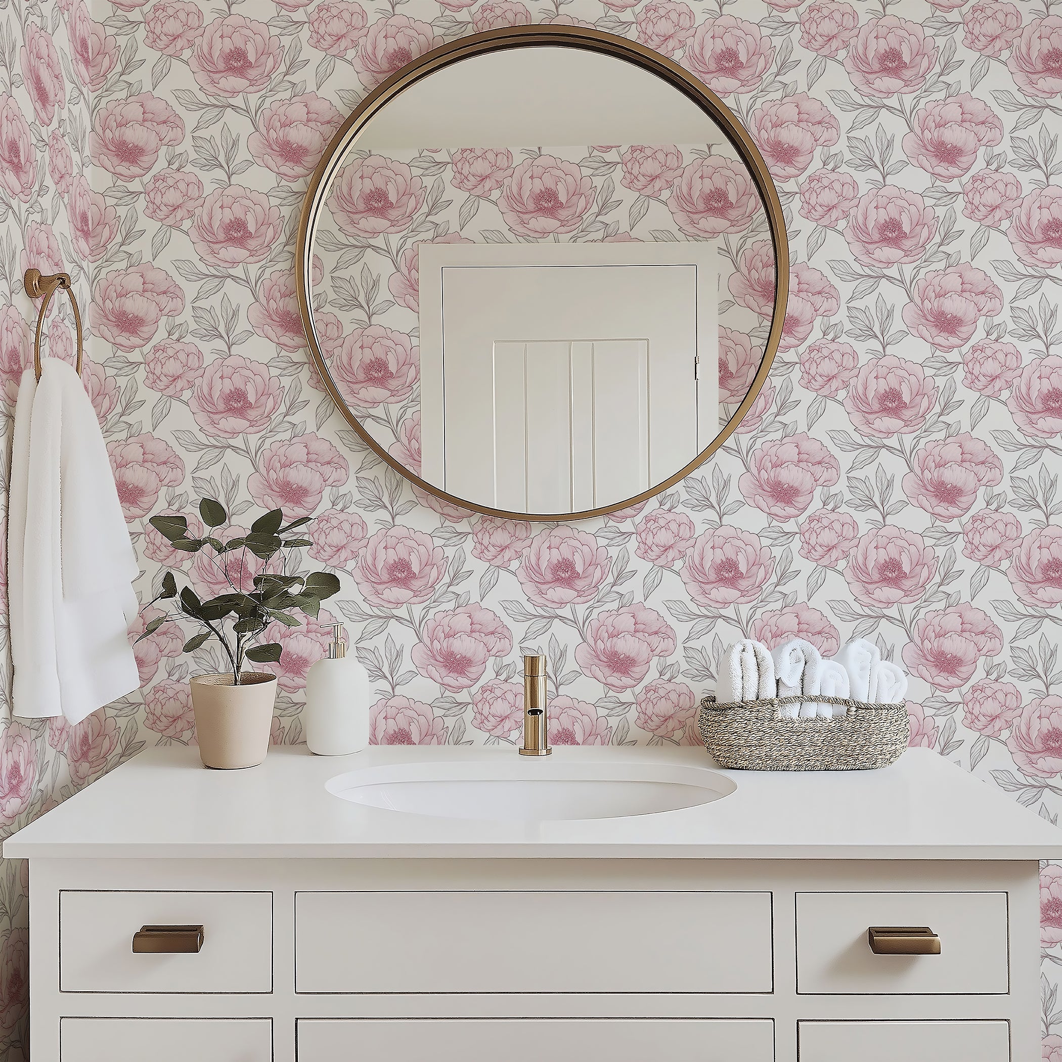 Bathroom with Romantic Peony Sketch II wallpaper featuring soft pink peonies, a round mirror, and modern vanity.