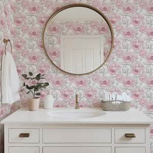 Bathroom with Romantic Peony Sketch II wallpaper featuring soft pink peonies, a round mirror, and modern vanity.