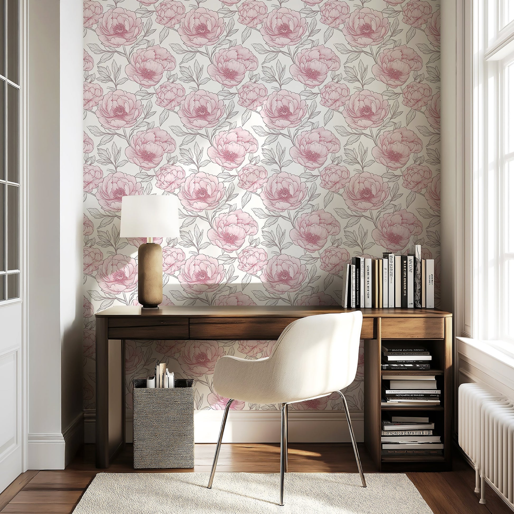 Romantic Peony Sketch II Wallpaper with soft pink peonies, monochrome design, enhancing a cozy home office setting.