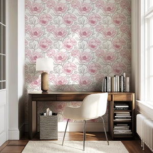 Romantic Peony Sketch II Wallpaper with soft pink peonies, monochrome design, enhancing a cozy home office setting.