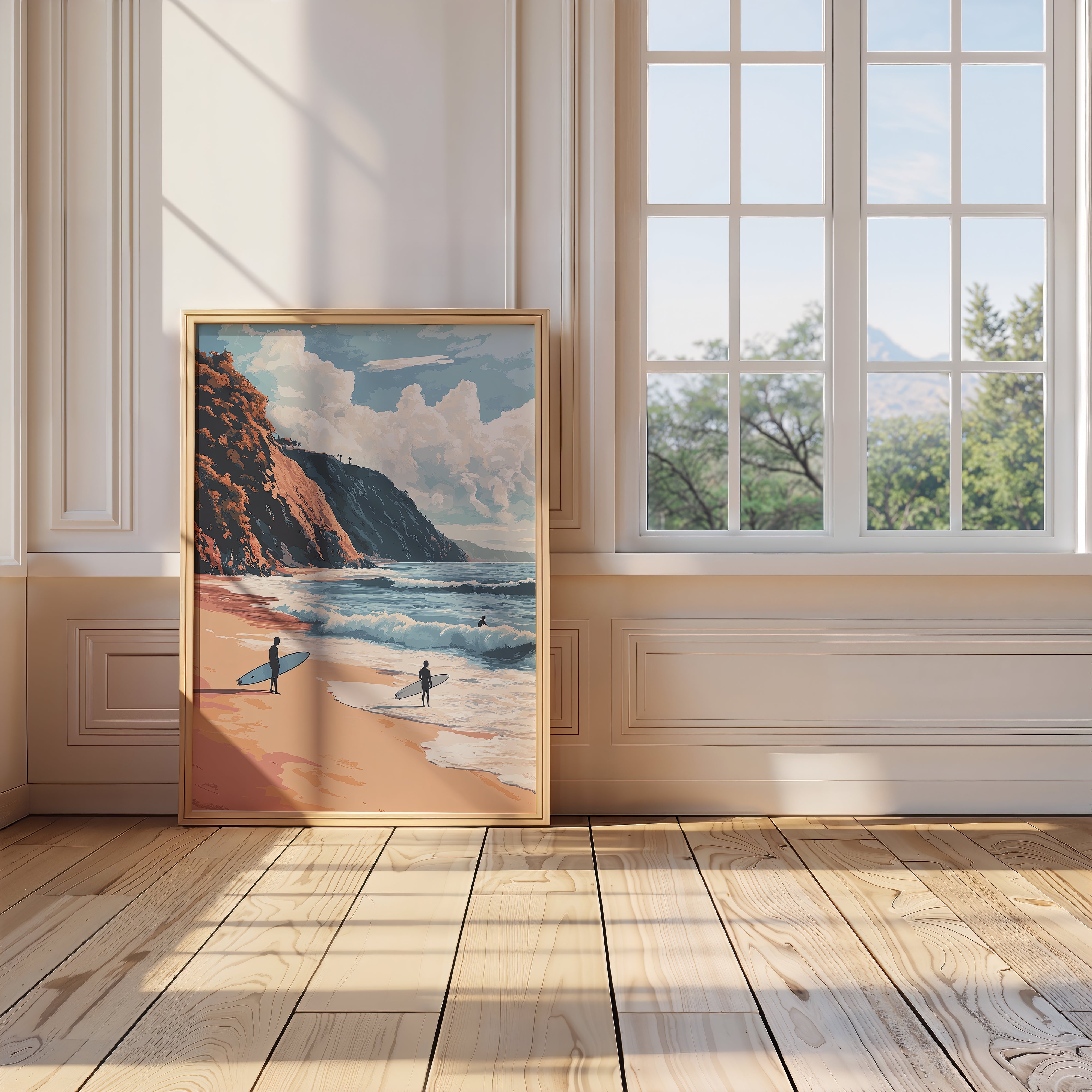 Wall art print of surfers on Malibu beach, capturing California's coastal cliffs and ocean in modern pop art style.