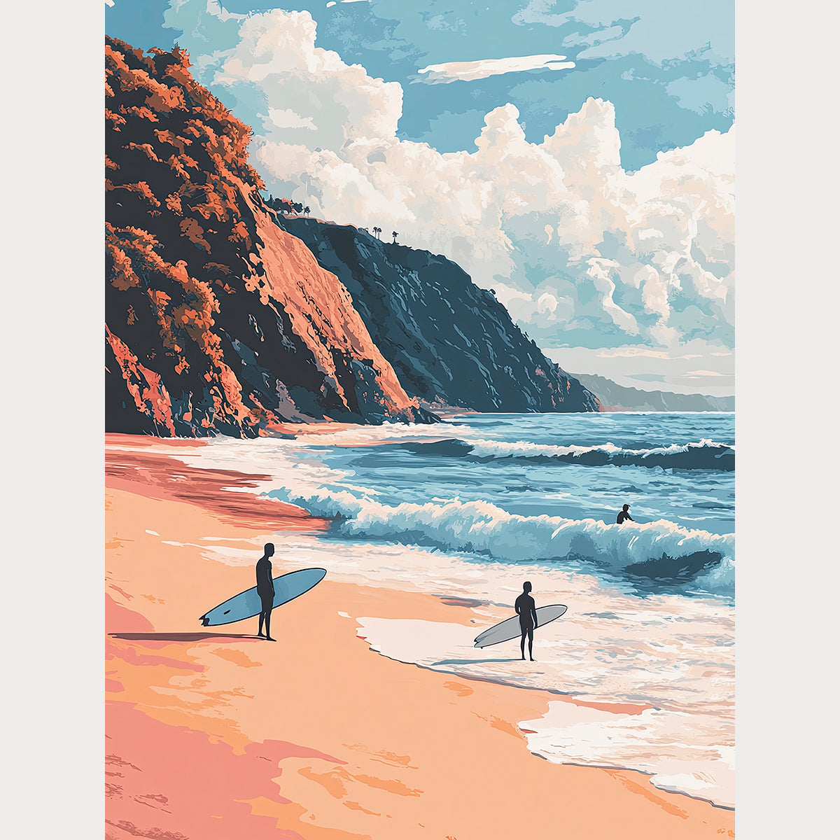 Surfers on Malibu beach with cliffs, capturing the essence of California's ocean lifestyle in modern pop art.