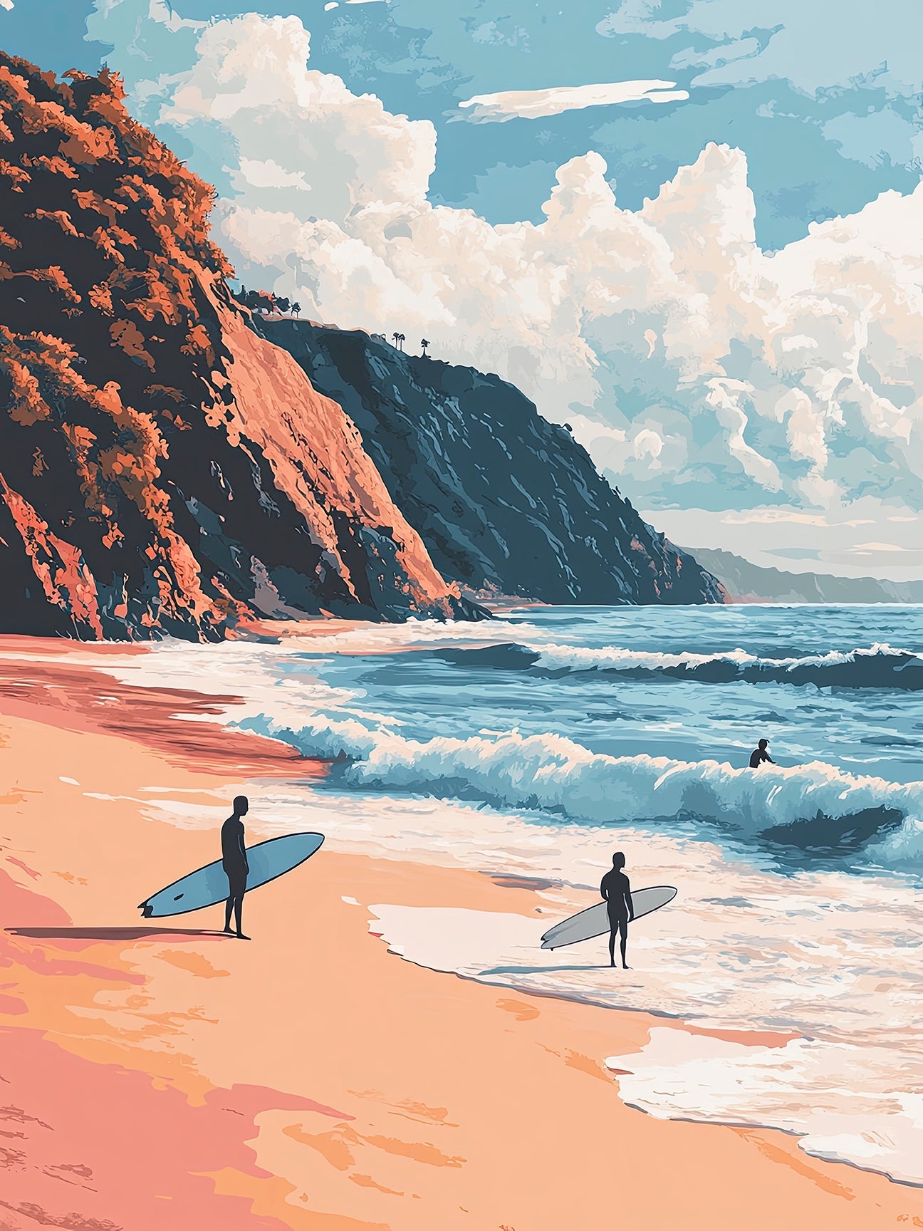 Surfers on a sandy beach near Malibu's cliffs, captured in vibrant pop art style with ocean waves.