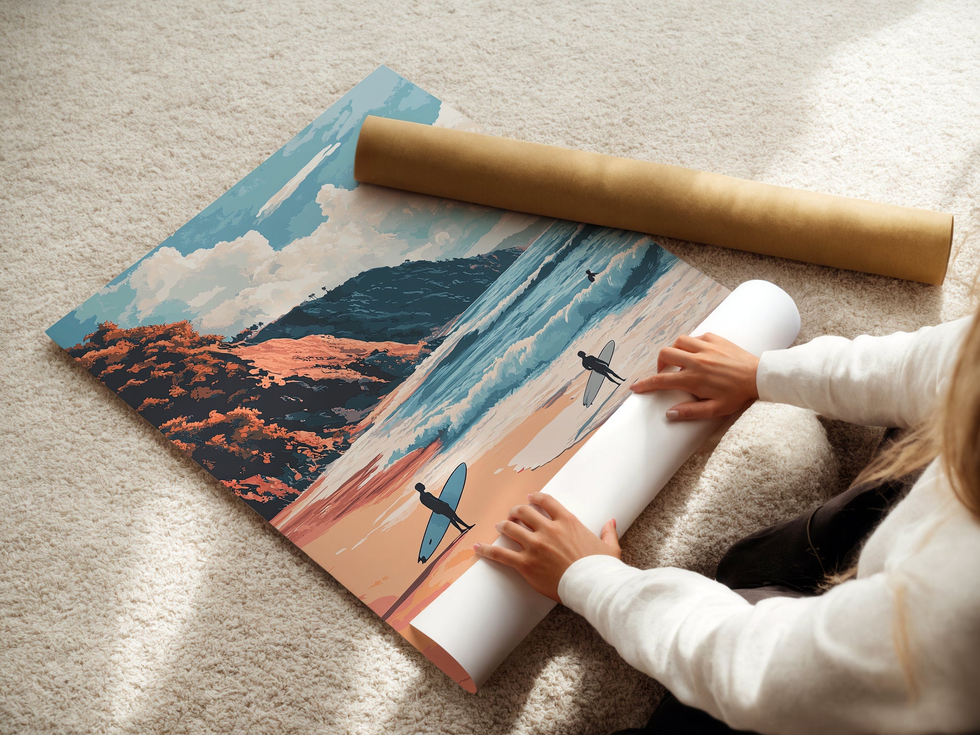 Person unrolling a Malibu Surf wall art print featuring surfers and cliffs, with ocean waves in the modern pop art style.