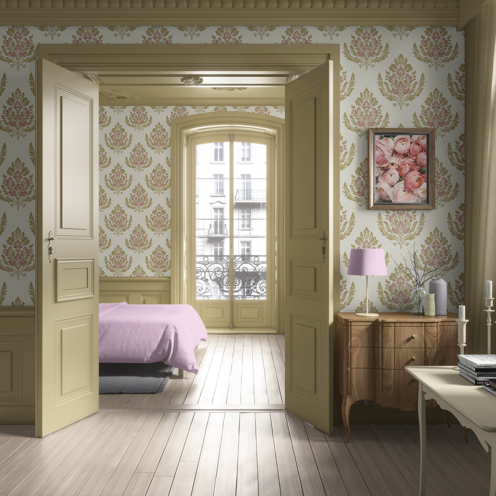 Royal Rose Crest wallpaper featuring pink floral and gold damask pattern, enhancing a vintage, elegant bedroom interior.