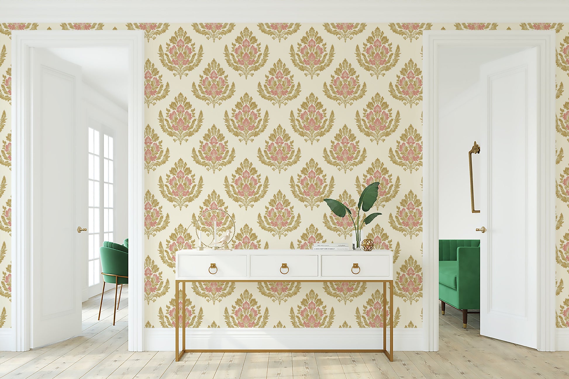 Royal Rose Crest wallpaper with pink floral damask, gold accents, perfect for a vintage, retro style; elegant and sophisticated decor.
