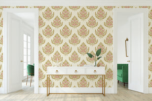 Royal Rose Crest wallpaper with pink floral damask, gold accents, perfect for a vintage, retro style; elegant and sophisticated decor.