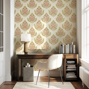 Elegant room with Royal Rose Crest floral damask wallpaper in pink, gold, and tan, featuring a classic and retro vintage design.