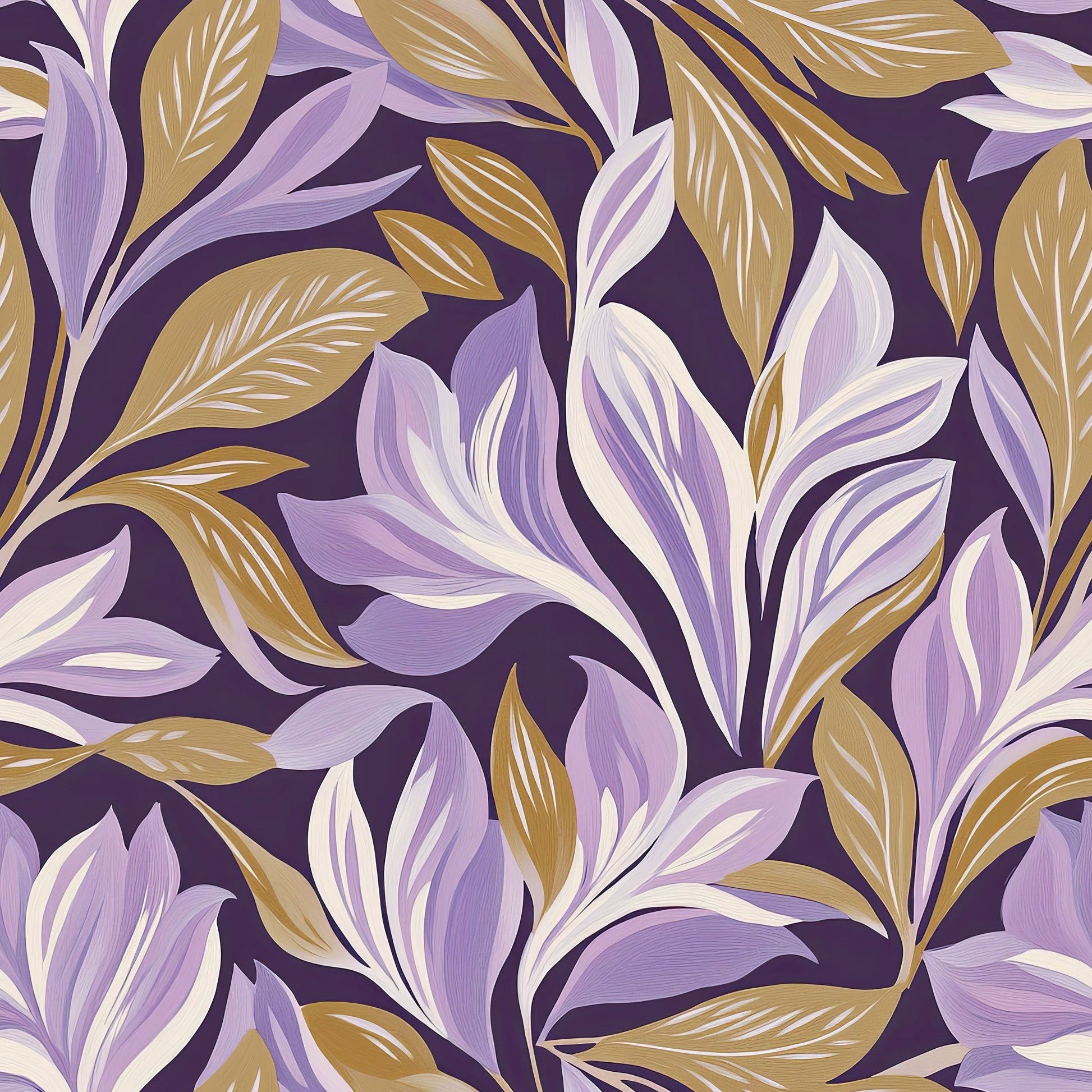 Sophisticated purple floral wallpaper with gold and ivory leaves, ideal for accent walls and creative spaces needing vibrant color.