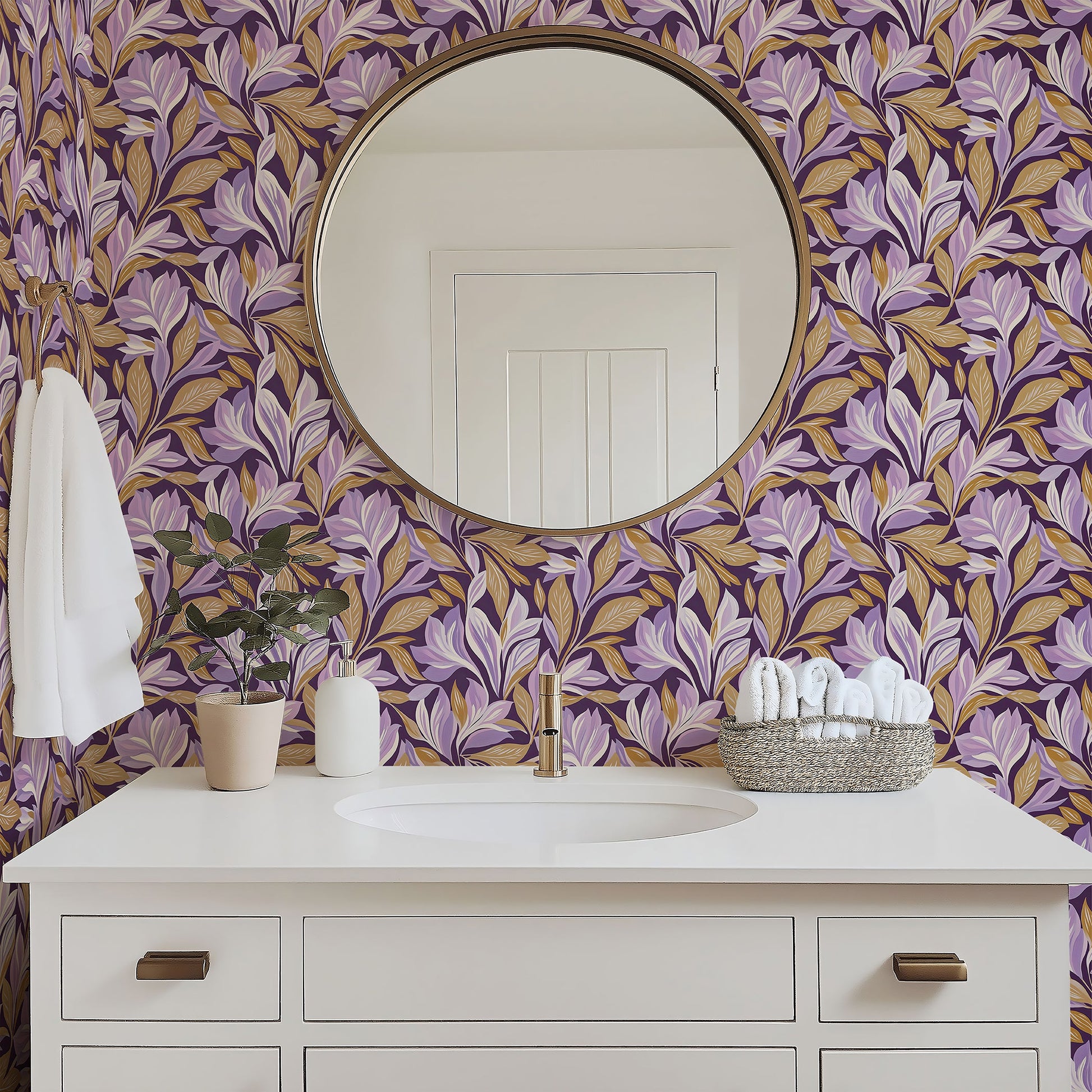 Elegant bathroom with Majestic Violet Garden II wallpaper featuring sophisticated floral patterns in purple and gold tones.