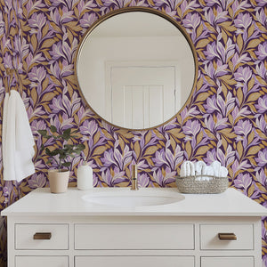 Elegant bathroom with Majestic Violet Garden II wallpaper featuring sophisticated floral patterns in purple and gold tones.