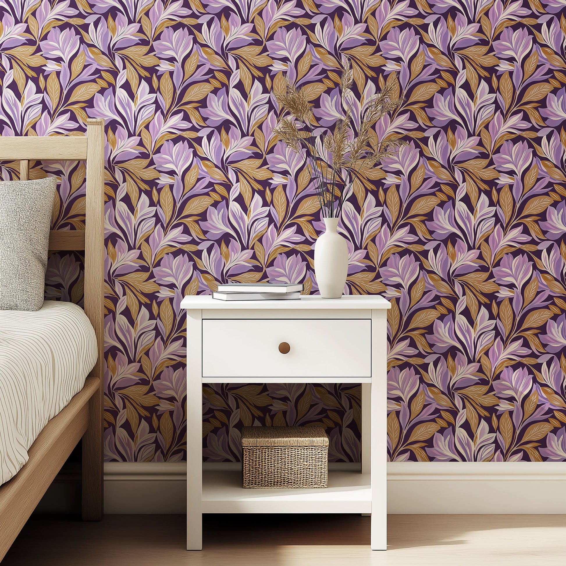Sophisticated floral wallpaper with purple and gold tones, featuring botanical design ideal for accent walls and creative spaces.