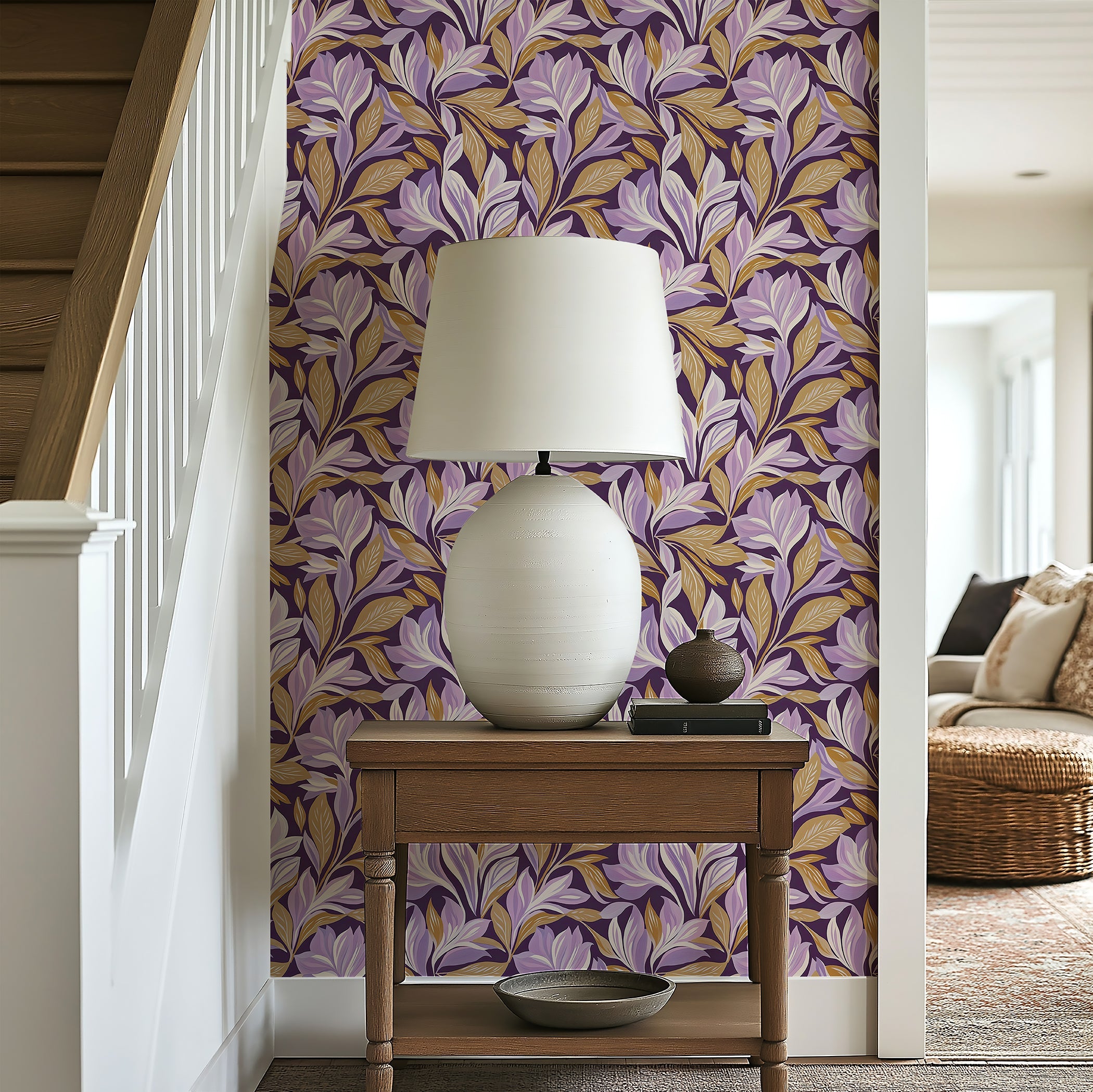Sophisticated floral wallpaper in vibrant purple hues with gold details, ideal for accent walls and bedrooms.