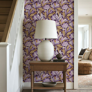 Sophisticated floral wallpaper in vibrant purple hues with gold details, ideal for accent walls and bedrooms.