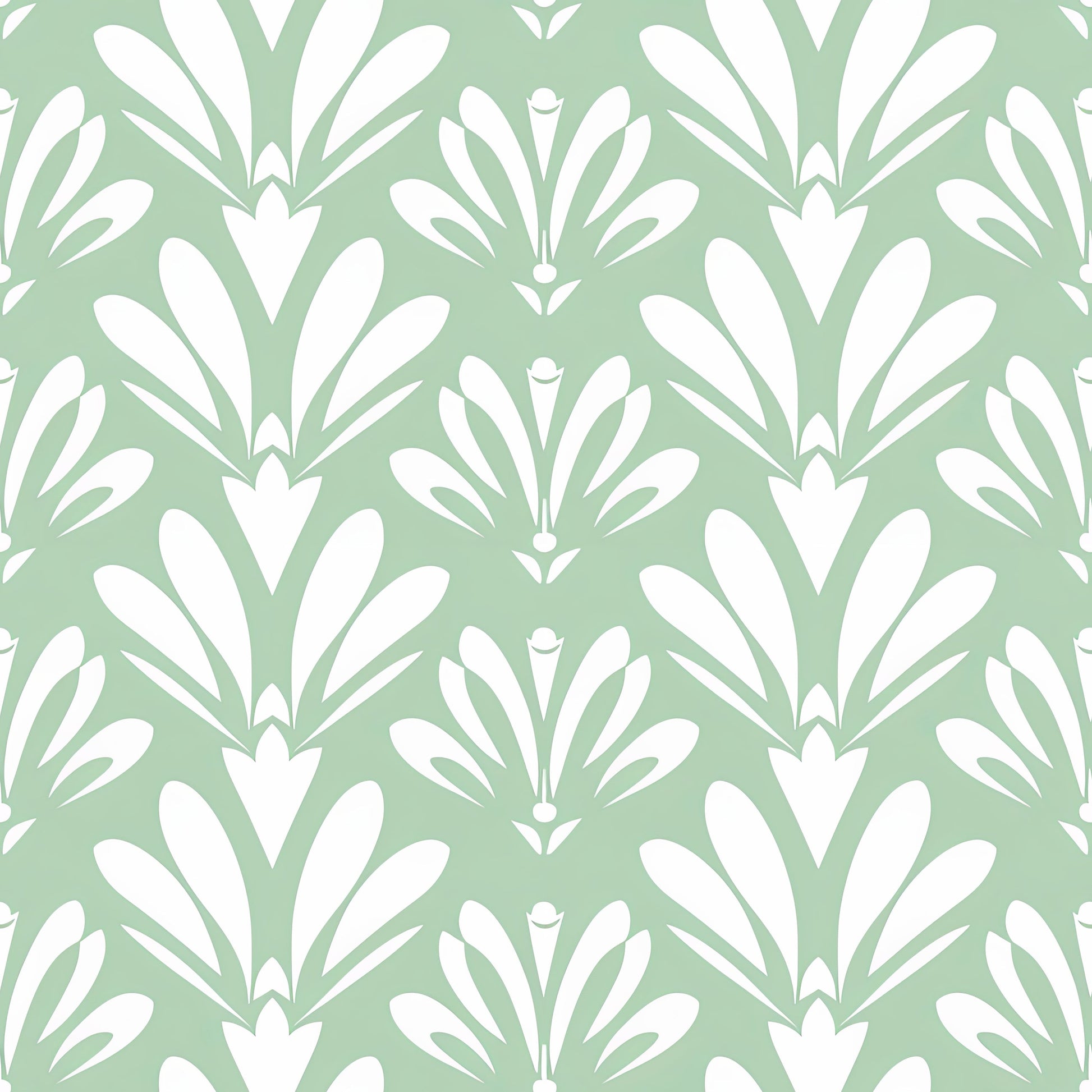 Art Deco Essence wallpaper with vintage geometric motifs on mint green background featuring white symmetrical pattern.