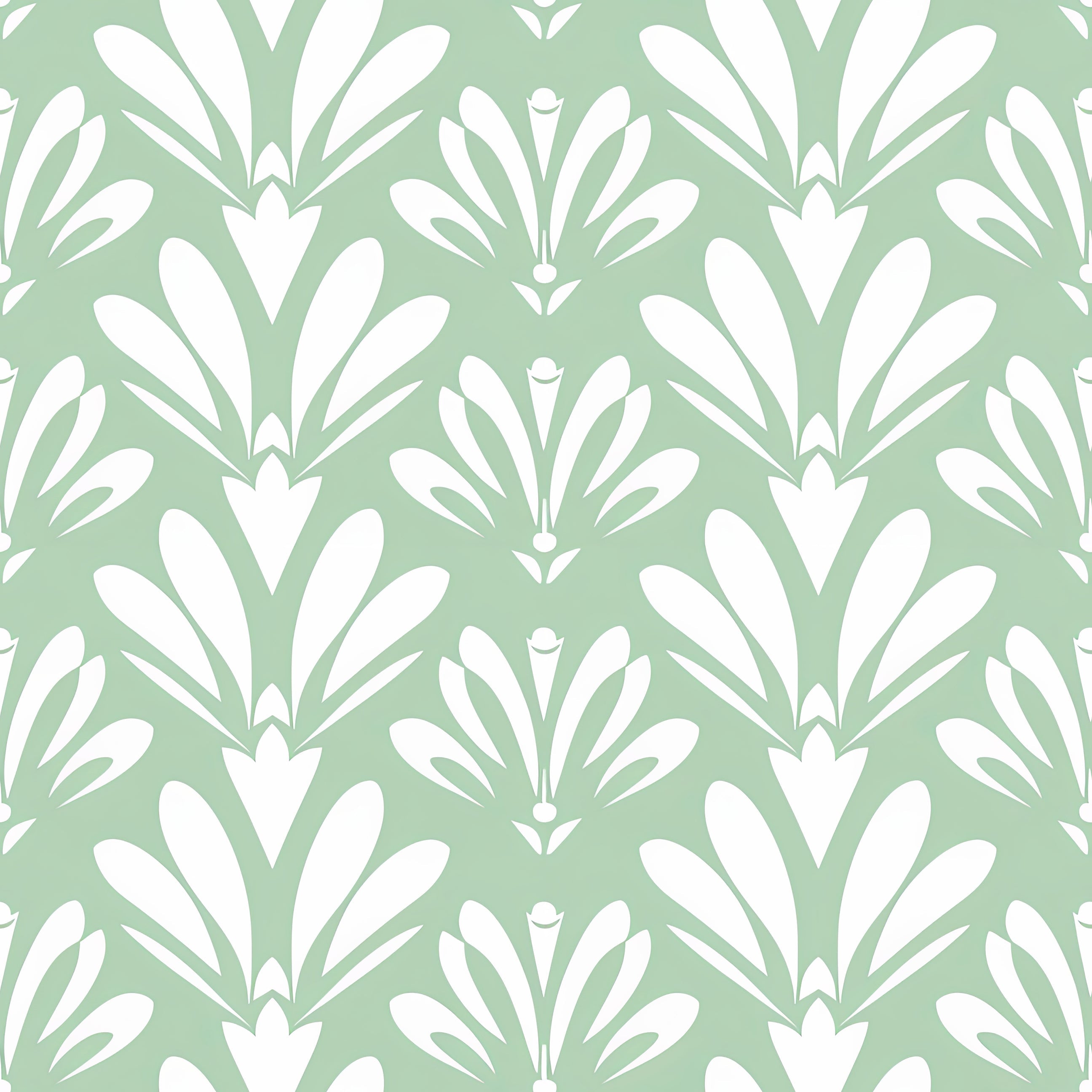 Art Deco Essence wallpaper with vintage geometric motifs on mint green background featuring white symmetrical pattern.