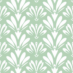 Art Deco Essence wallpaper with vintage geometric motifs on mint green background featuring white symmetrical pattern.