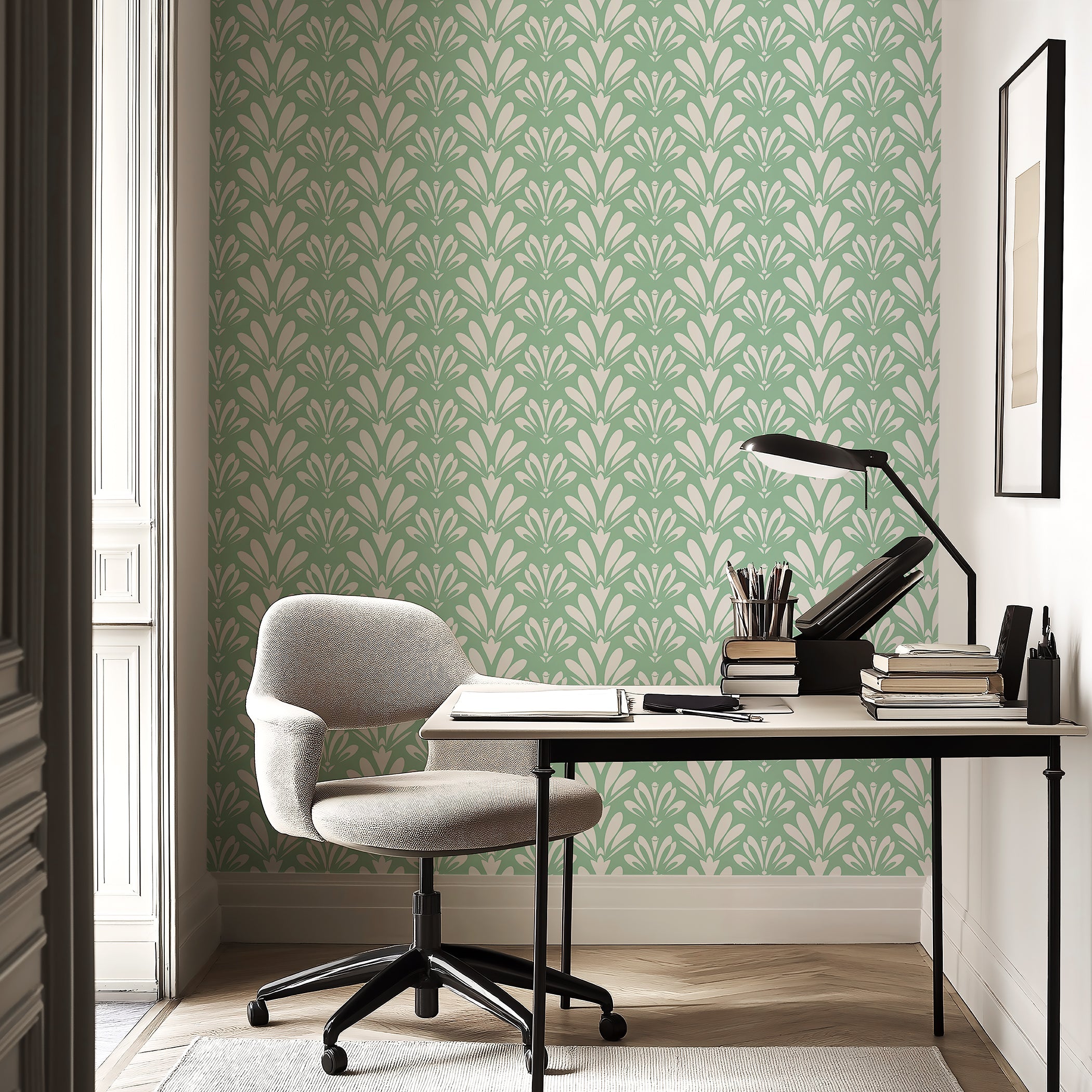Art Deco Essence wallpaper in mint green with white geometric motifs decorates a stylish home office space; vintage and modern appeal.