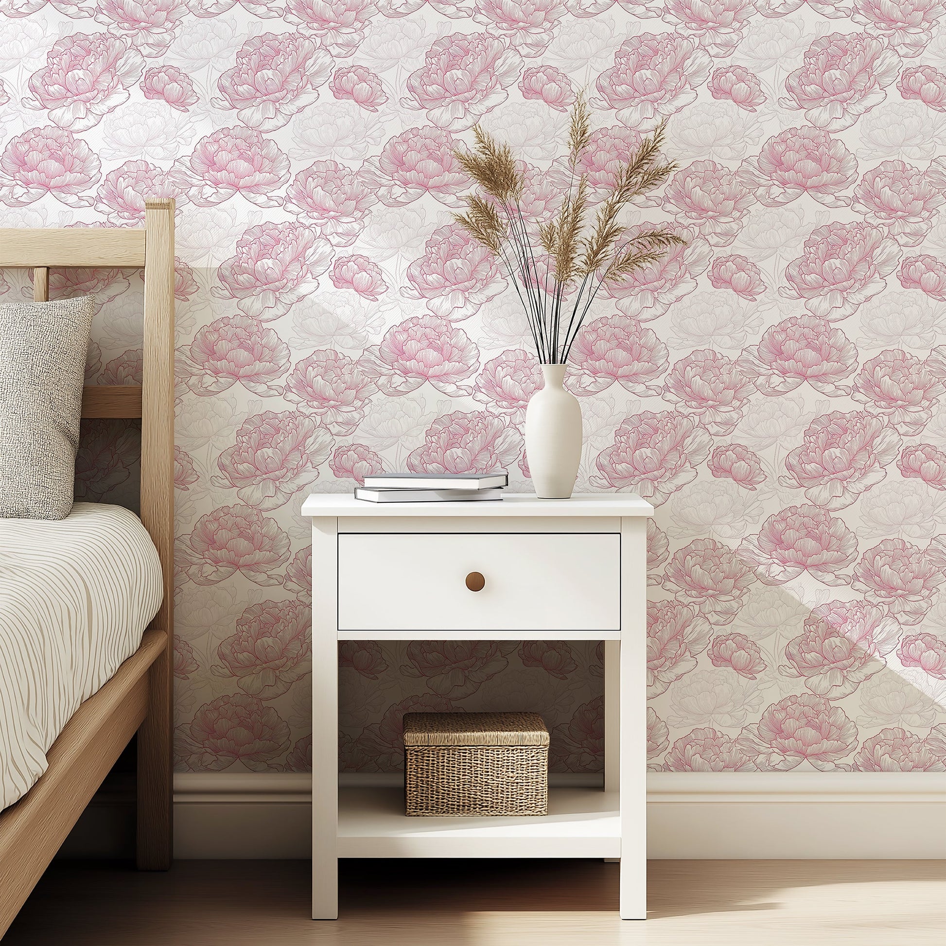 Ethereal Peony Charm Wallpaper featuring hand-drawn peonies in blush and ivory on bedroom wall, creating a modern monochromatic look.