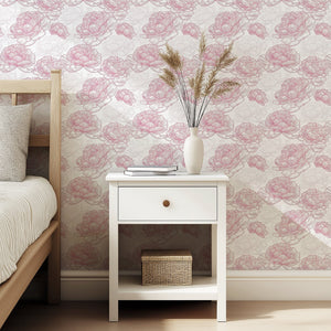 Ethereal Peony Charm Wallpaper featuring hand-drawn peonies in blush and ivory on bedroom wall, creating a modern monochromatic look.