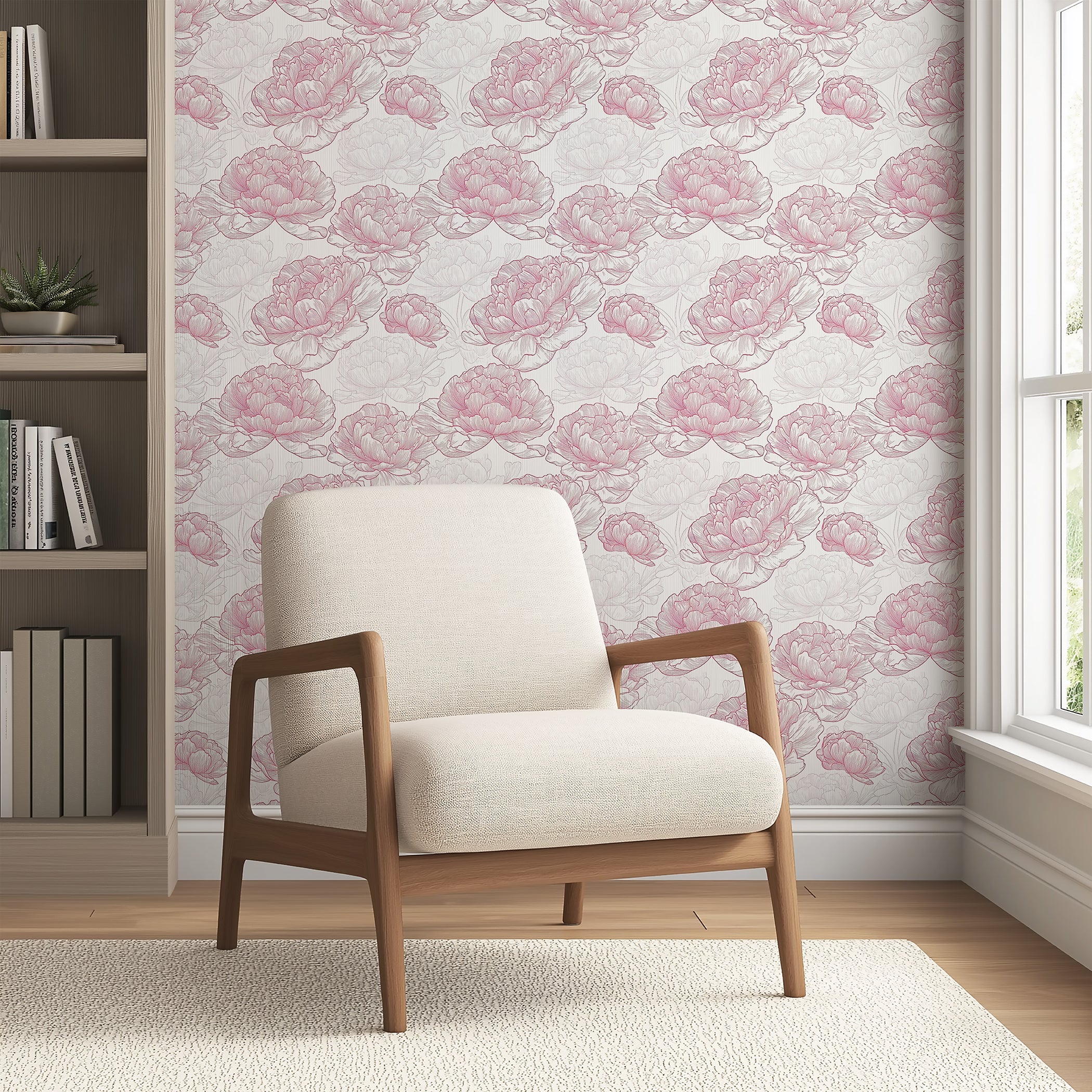 Modern monochrome wallpaper with red and white peony flowers behind a beige armchair in a cozy living room setting.