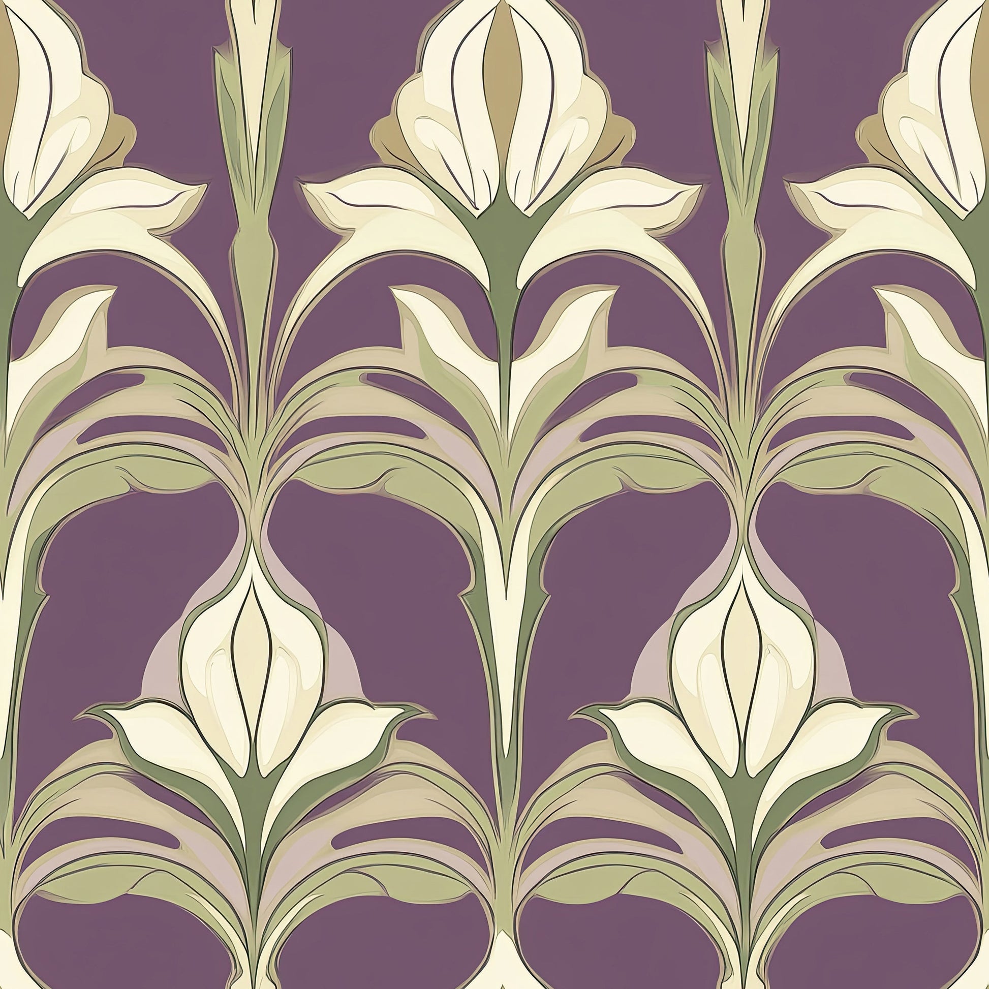 Ornate Art Nouveau wallpaper with floral patterns in ivory and sage on a purple damask background. Keywords: art nouveau, flowers, wallpaper.