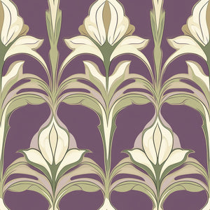Ornate Art Nouveau wallpaper with floral patterns in ivory and sage on a purple damask background. Keywords: art nouveau, flowers, wallpaper.
