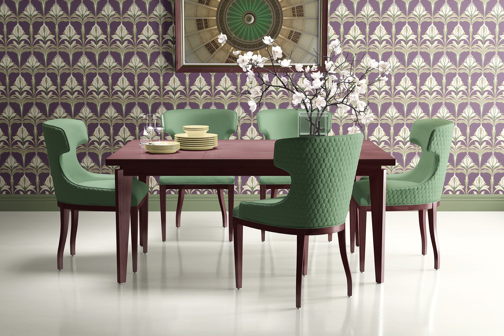 Dining room with ornate Art Nouveau wallpaper featuring purple damask floral pattern and stylish green chairs.